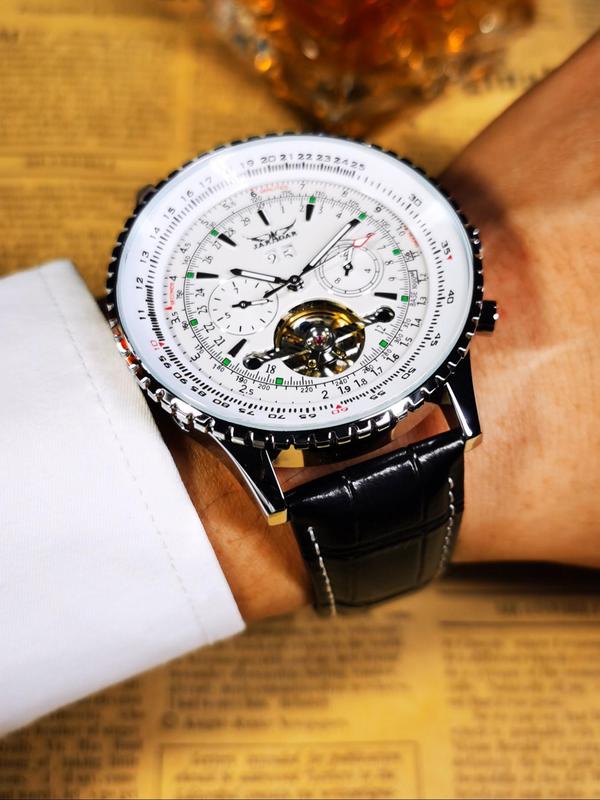 Men's Fashion Tourbillon Skeleton Automatic Mechanical Watch, Luminous Hands Multifunctional Small Dials Calendar Window Pu Leather Strap Business Luxury Watch, with Box