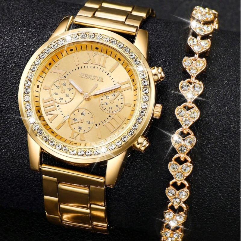 Women's Zinc Alloy Strap Rhinestone Decor Round Dial Quartz Watch with Bracelet