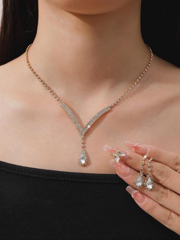 Women's Elegant Rhinestone Decorated Water Drop Shaped Necklace & Dangle Earrings,  Luxury Trendy Jewelry Set, Fashion Accessories for Party Decoration