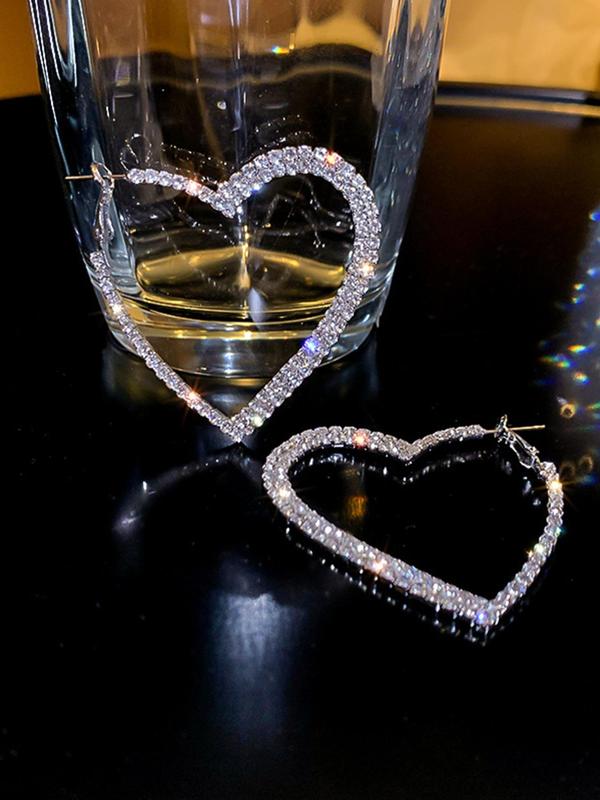 1 Pair Women's Elegant Rhinestone Decorated Heart Shaped Hoop Earrings, Casual Trendy Hoop Earrings, Fashionable Jewelry for Party & Daily Decoration