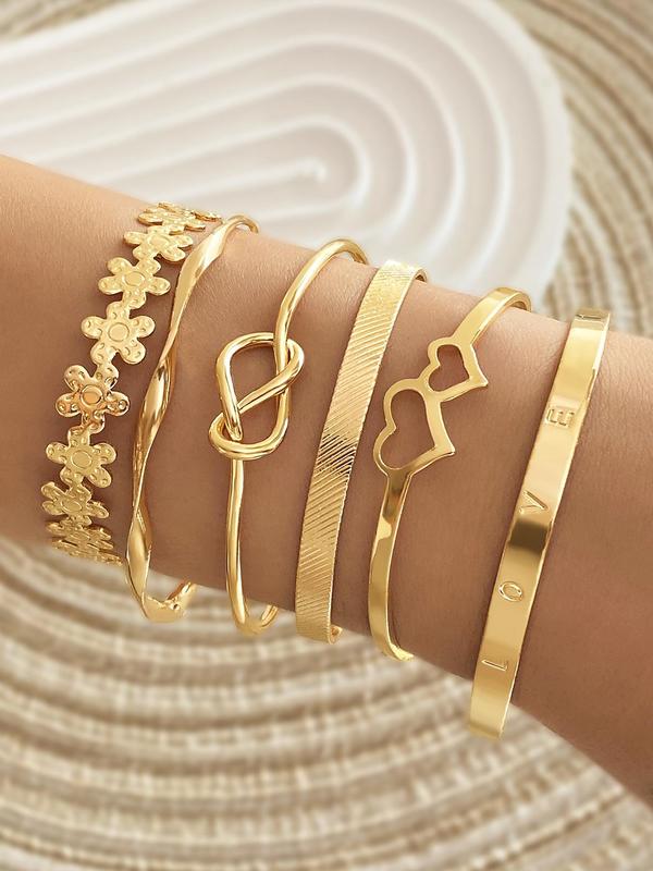 Women's Elegant Hollow out Flower & Heart Design Cuff Bangle (6pcs), Exquisite Trendy Bracelet, Fashionable Accessories for Daily & Party Decoration
