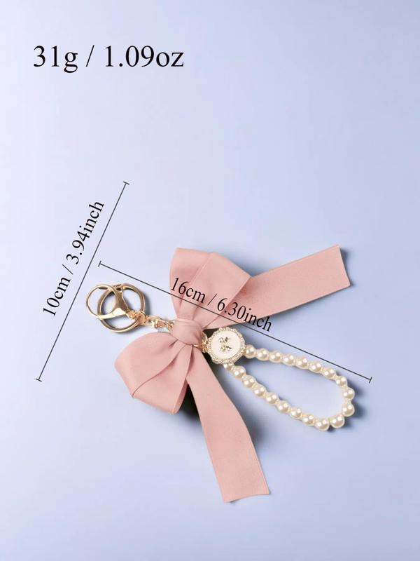 Cute Faux Pearl Decorated Wristlet Keychain, 2024 Summer & Fall Trendy Bowknot & Rhinestone Decor Keychain, Phone Wallet Key Accessories for Women & Girls Car Accessories For Girls