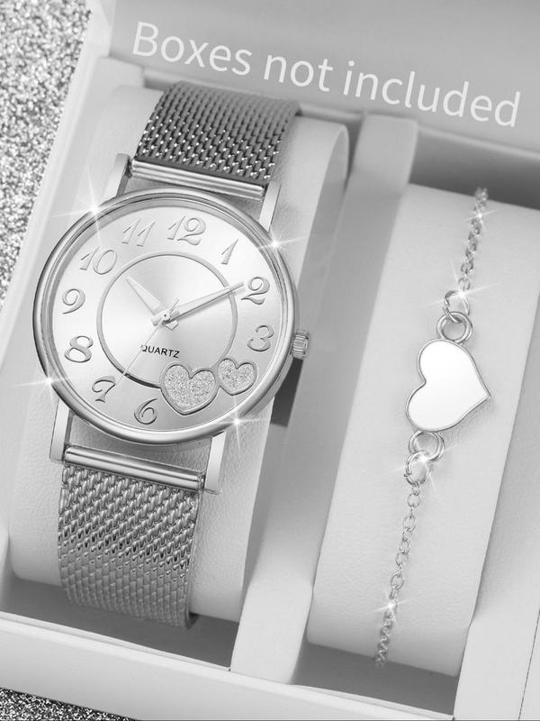 Women's Round Dial Quartz Watch, and Heart Charm Bracelet Set, without Box, Fashion Watch Set for Party Decor, Trendy Exquisite Watch Set for Birthday Gift