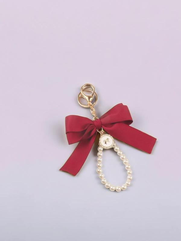 Cute Faux Pearl Decorated Wristlet Keychain, 2024 Summer & Fall Trendy Bowknot & Rhinestone Decor Keychain, Phone Wallet Key Accessories for Women & Girls Car Accessories For Girls