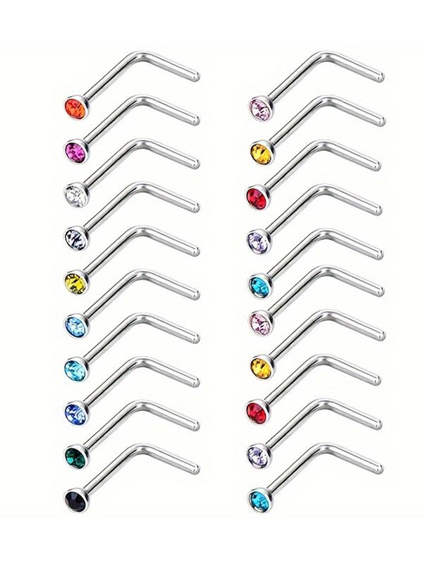Random Color Artificial Zircon Nose Rings, 20 Counts L-shaped Curved Nose Studs, Stainless Steel Nose Rings, Body Piercing Jewelry for Women & Men