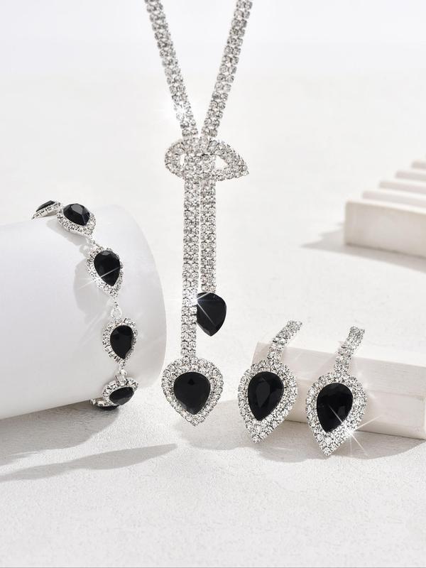 Women's Elegant Rhinestone Decor Jewelry Set, Exquisite Trendy Water Drop Shaped Pendant Necklace & Dangle Earrings & Bracelet, Chic Jewelry Set for Party Decoration
