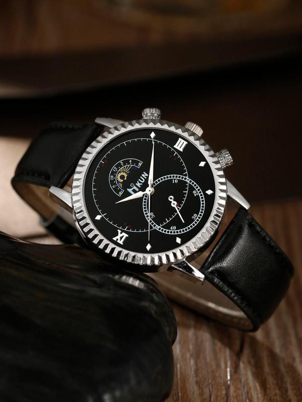 Men's Watch & Jewelry Set, Fashion Round Dial Analog Quartz Watch & Bracelet & Pendant Necklace & Ring, Ideal Birthday Gift for Boys