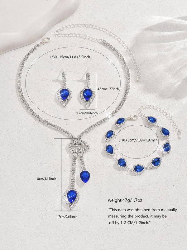 Women's Elegant Rhinestone Decor Jewelry Set, Exquisite Trendy Water Drop Shaped Pendant Necklace & Dangle Earrings & Bracelet, Chic Jewelry Set for Party Decoration
