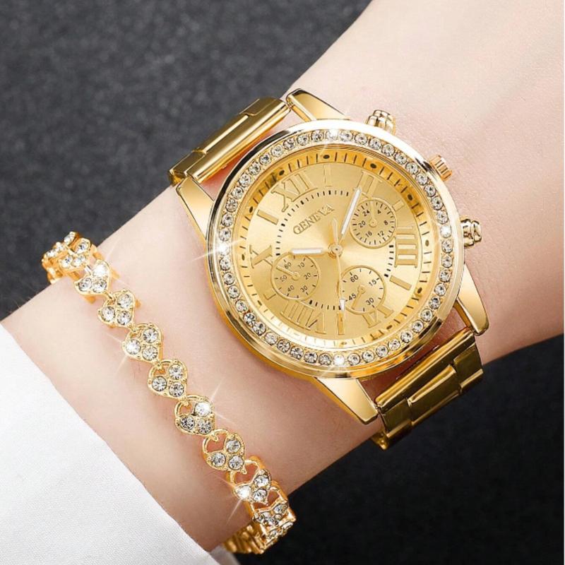 Women's Zinc Alloy Strap Rhinestone Decor Round Dial Quartz Watch with Bracelet
