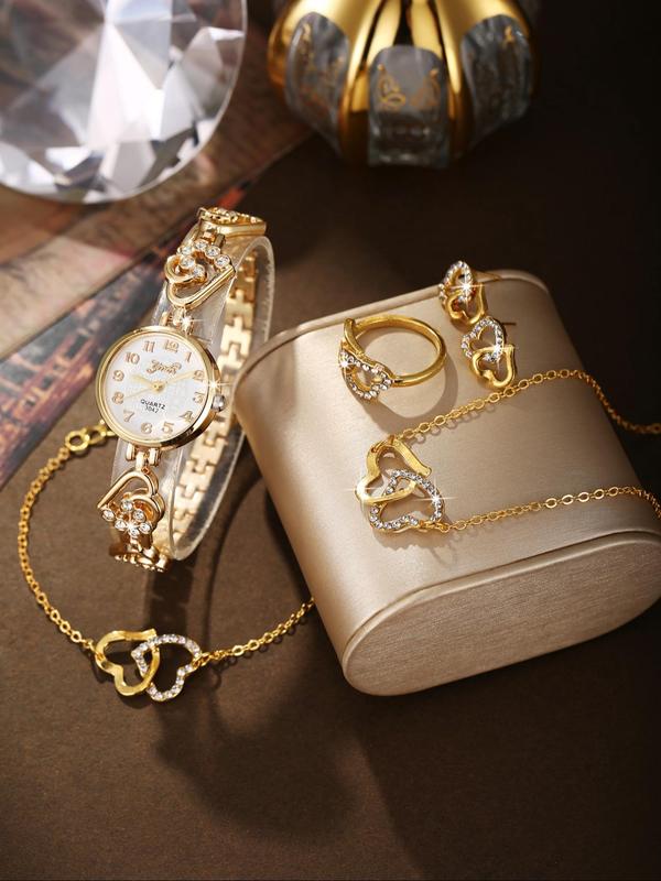 Elegant Fashion Round Dial Quartz Watch & Heart Shape Pendant Necklace, Ring, Stud Earrings, Bracelet, Trendy All-match & Exquisite Watch Set As Gift