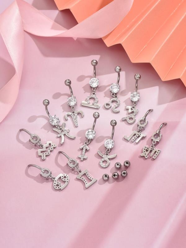Cute Constellation Design Belly Ring, Artificial Zircon Decor Navel Ring for Women & Girls, Trendy All-match & Exquisite Body Jewelry for Birthday Gift