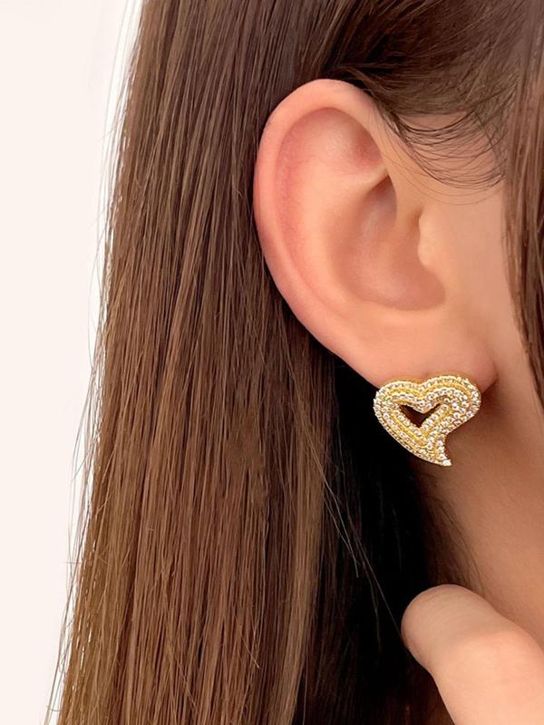 Hollow Out Heart Design Stud Earrings (1 Pair), Rhinestone Decor Stud Earrings, Fashionable Jewelry for Women & Girls