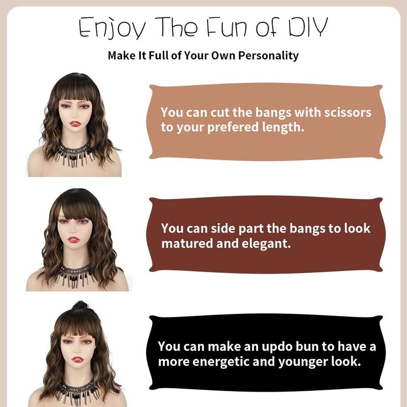 Curly Bob Wig With Bangs Short Wavy Brown With Highlight Color Wigs For Woman Synthetic Heat Resistant Bob Wigs  Natural Brown with Blonde Highlight Curly Brown