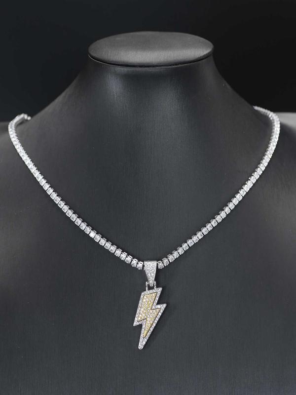 Rhinestone Decor Lightning Design Pendant Necklace for Men & Women, Zinc Alloy Jewelry for Party, Fashion All-match Hip Hop Accessory, for 2024 Fall