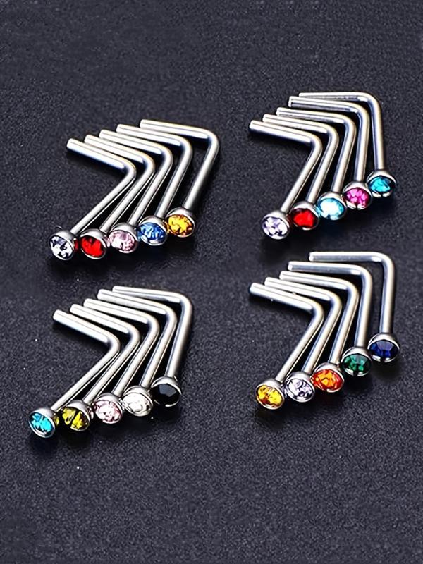 Random Color Artificial Zircon Nose Rings, 20 Counts L-shaped Curved Nose Studs, Stainless Steel Nose Rings, Body Piercing Jewelry for Women & Men