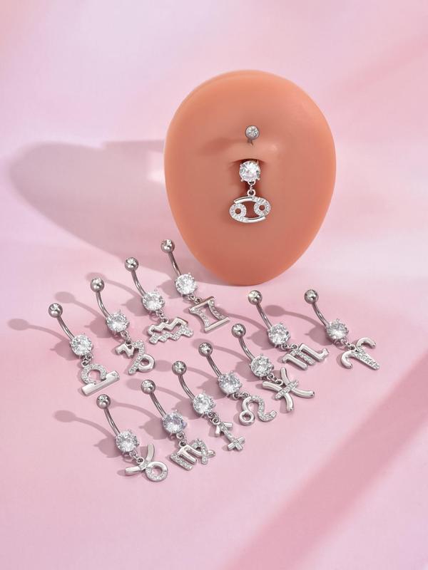 Cute Constellation Design Belly Ring, Artificial Zircon Decor Navel Ring for Women & Girls, Trendy All-match & Exquisite Body Jewelry for Birthday Gift