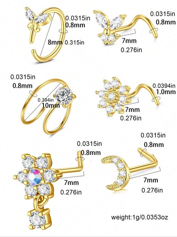 Fashionable Mixed Style Nose Rings, 16pcs Artificial Zircon Inlaid L-shaped Nose Studs, Stainless Steel Nose Piercing Jewelry, Body Jewelry for Women & Men