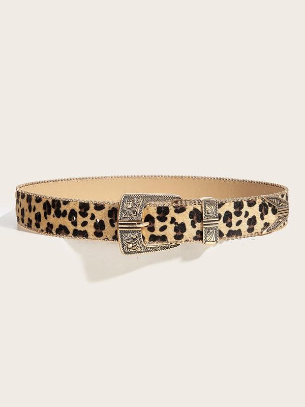Women's Vintage Leopard Print PU Buckle Belt, Fashion Flower Engraved Buckle Western Belt for Daily Clothing Decor, Trendy All-match & Exquisite Belt for Birthday Gift