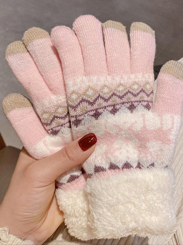Women's Cute Geometric & Animal Pattern Contrast Faux Fur Design Touch Screen Gloves, Casual Trendy Warm Gloves for Fall & Winter, Fashionable Gloves for Women & Girls