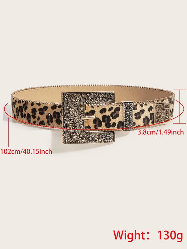 Women's Vintage Leopard Print PU Buckle Belt, Fashion Flower Engraved Buckle Western Belt for Daily Clothing Decor, Trendy All-match & Exquisite Belt for Birthday Gift