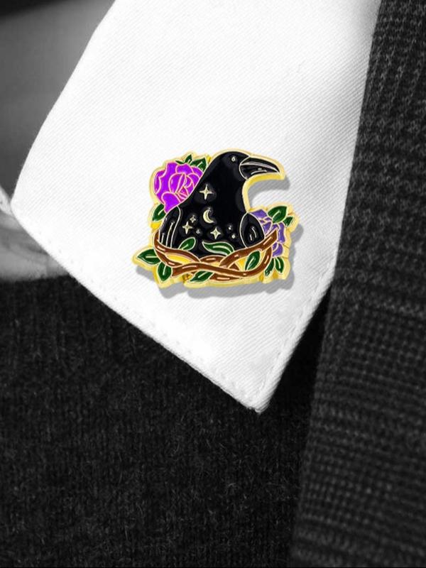 Cute Cartoon Raven & Flower Design Brooch As Gift, Animal & Flower Decor Clothes Brooch, Fashion Kawaii Accessories for Boyfriend & Girlfriend