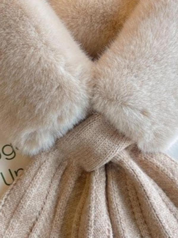 Women's Solid Color Thickened Warm Scarf, Faux Rabbit Fur Knitted Scarf, Plush Scarf with Fleece Collar, Winter Scarf for Fall & Winter