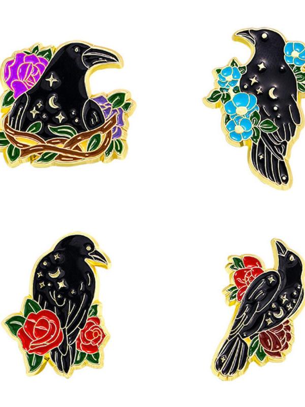 Cute Cartoon Raven & Flower Design Brooch As Gift, Animal & Flower Decor Clothes Brooch, Fashion Kawaii Accessories for Boyfriend & Girlfriend