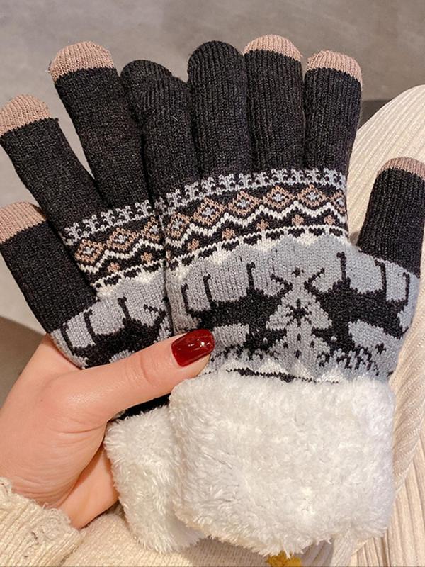 Women's Cute Geometric & Animal Pattern Contrast Faux Fur Design Touch Screen Gloves, Casual Trendy Warm Gloves for Fall & Winter, Fashionable Gloves for Women & Girls