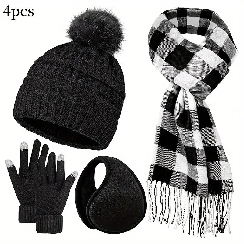 4pcs Winter Hats Scarves Gloves and Earmuffs, Knitted Warm Beanie Touchscreen Gloves Long Knitted Scarf Set Gifts for Women