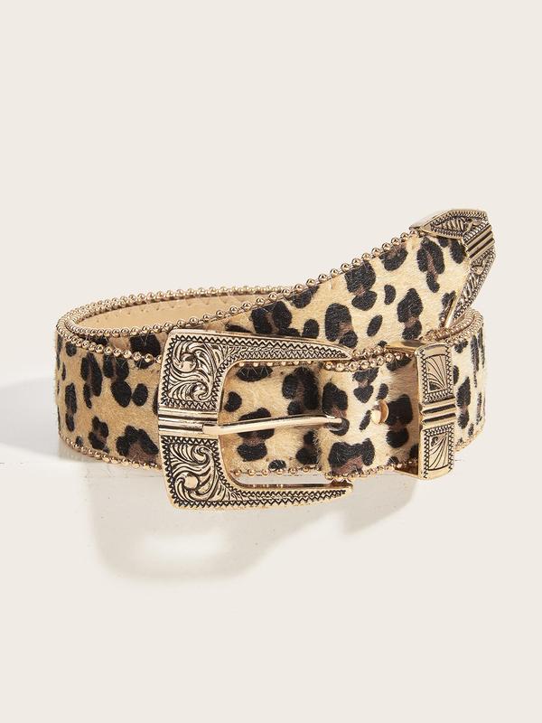 Women's Vintage Leopard Print PU Buckle Belt, Fashion Flower Engraved Buckle Western Belt for Daily Clothing Decor, Trendy All-match & Exquisite Belt for Birthday Gift