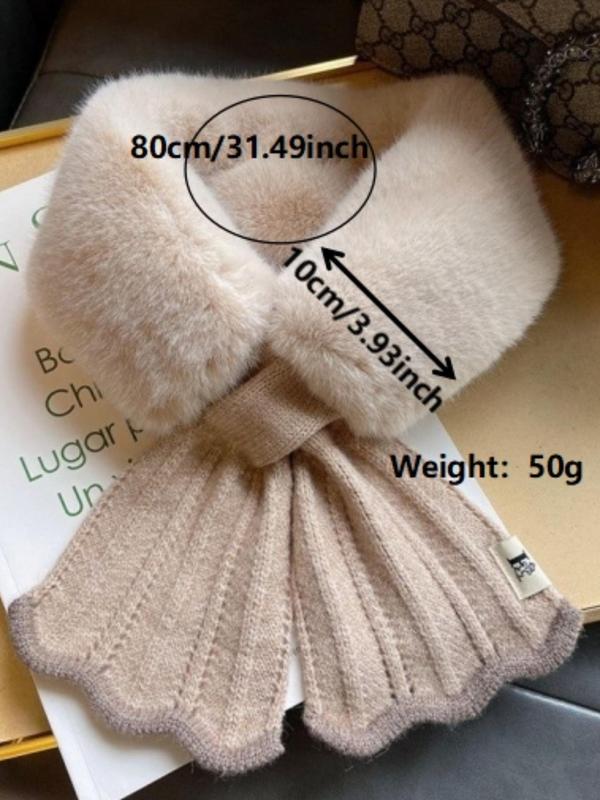 Women's Solid Color Thickened Warm Scarf, Faux Rabbit Fur Knitted Scarf, Plush Scarf with Fleece Collar, Winter Scarf for Fall & Winter