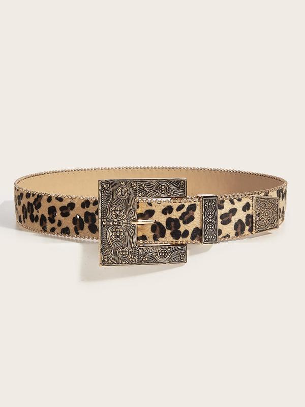 Women's Vintage Leopard Print PU Buckle Belt, Fashion Flower Engraved Buckle Western Belt for Daily Clothing Decor, Trendy All-match & Exquisite Belt for Birthday Gift