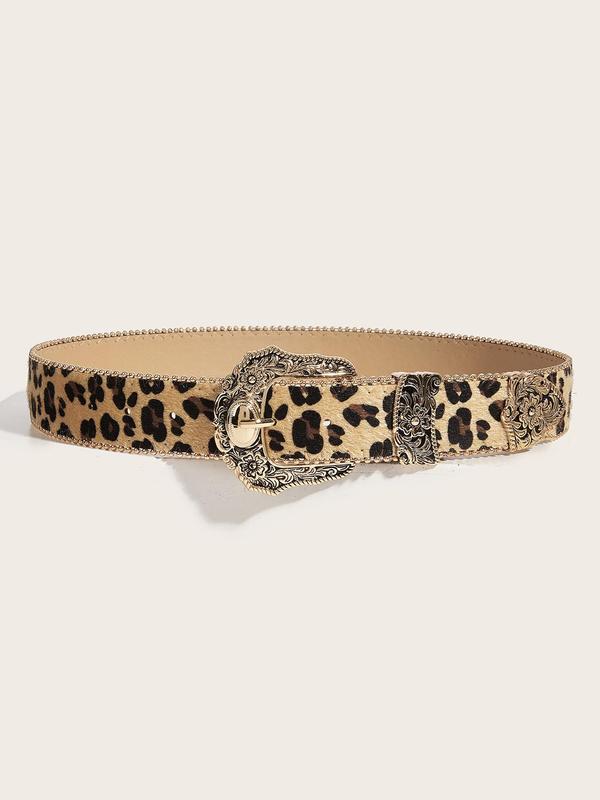 Women's Vintage Leopard Print PU Buckle Belt, Fashion Flower Engraved Buckle Western Belt for Daily Clothing Decor, Trendy All-match & Exquisite Belt for Birthday Gift