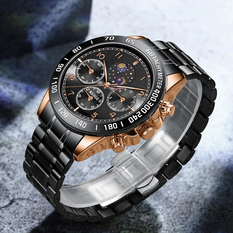 RUIGE large dial stainless steel men's watch multifunctional moon phase men's luminous waterproof fashion watch