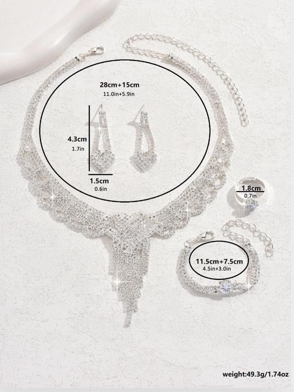 2024 New Style Rhinestone Decorated Jewelry Set, Luxury Elegant Wedding Bridal Jewelry Set, Including Dangle Earrings, Pendant Necklace, Ring & Bracelet