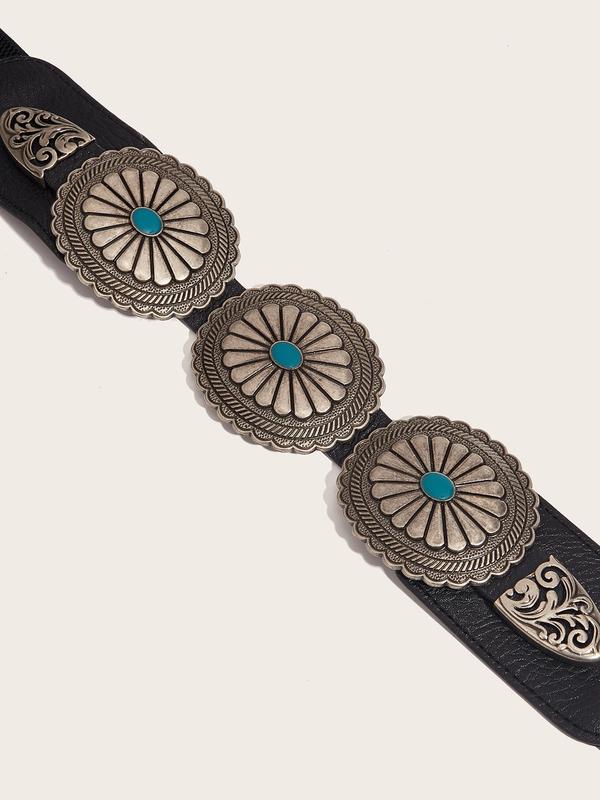 Women's Ethnic Pattern Western Belt, Boho Style Turquoise Decorated Oval Design Belt for Women, Fashion Accessories for Daily Wear