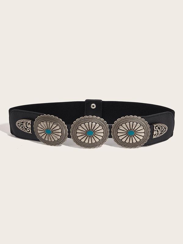 Women's Ethnic Pattern Western Belt, Boho Style Turquoise Decorated Oval Design Belt for Women, Fashion Accessories for Daily Wear