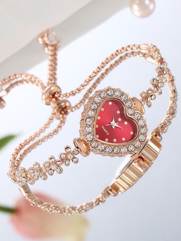 Women's Rhinestone Decor Heart Design Quartz Watch, Fashionable Adjustable Strap 	 Stainless Steel Watch For Women For Gift, Without Box