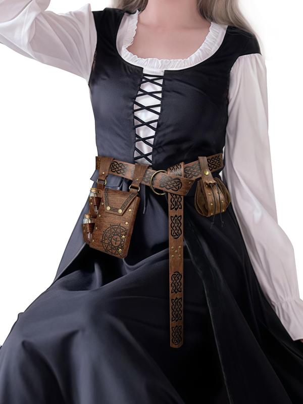 Women's Vintage Belt Set, Retro Belt & Belt Bag & Drawstring Pouch Set, Fashion Accessories for Cosplay, Costume, Party, Daily Clothing Decor