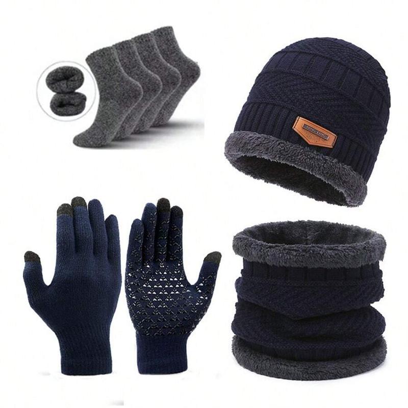 5 Pc Men's Solid Color Winter Warm Integrated Knitted Hat Scarf Glove Winter Warm Socks, Soft Comfortable Windproof Cycling Ear Protection Warm Hat Women's Winter Warm Thickened Knitted Hat Scarf Set, Women Men Couple Winter New Year Presents