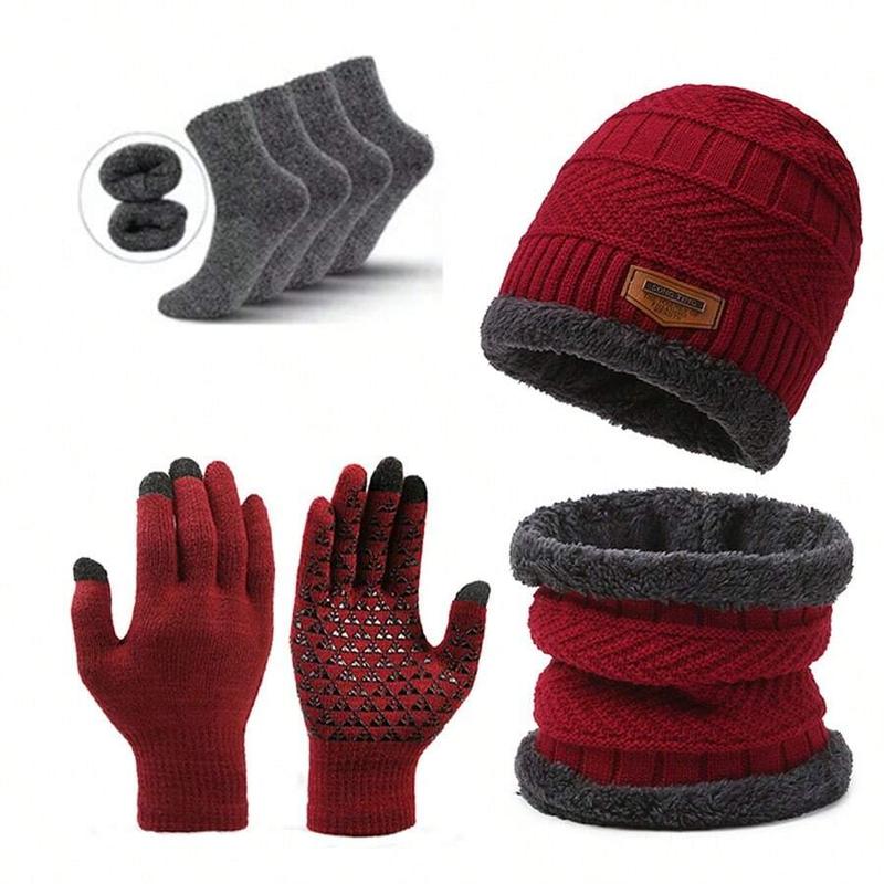 5 Pc Men's Solid Color Winter Warm Integrated Knitted Hat Scarf Glove Winter Warm Socks, Soft Comfortable Windproof Cycling Ear Protection Warm Hat Women's Winter Warm Thickened Knitted Hat Scarf Set, Women Men Couple Winter New Year Presents