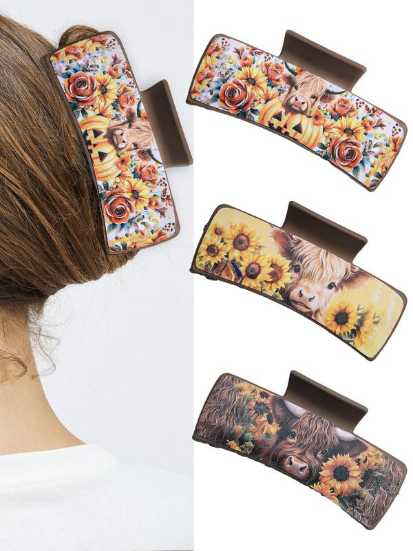 Sunflower & Cattle Pattern Hair Claws, 2024 New Style Casual Versatile Hair Accessories for Women, Minimalist Headwear Suitable for Thick Hair Hairstyles Ideas