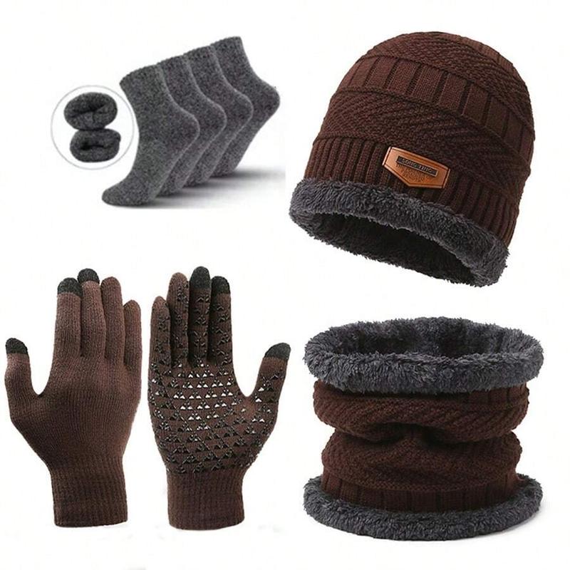 5 Pc Men's Solid Color Winter Warm Integrated Knitted Hat Scarf Glove Winter Warm Socks, Soft Comfortable Windproof Cycling Ear Protection Warm Hat Women's Winter Warm Thickened Knitted Hat Scarf Set, Women Men Couple Winter New Year Presents