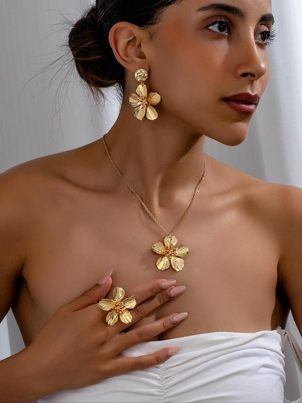 Elegant Flower Themed Design Dangle Earrings & Adjustable Pendant Necklace & Ring, Trendy All-match & Exquisite Jewelry Set for Women As Gift