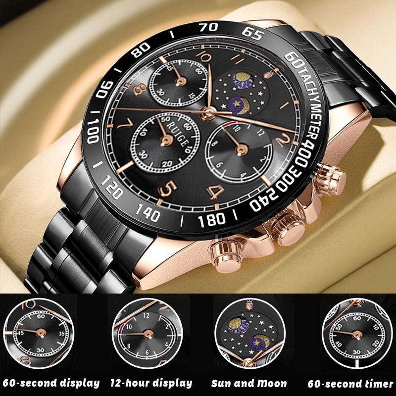 RUIGE large dial stainless steel men's watch multifunctional moon phase men's luminous waterproof fashion watch