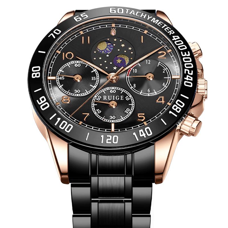 RUIGE large dial stainless steel men's watch multifunctional moon phase men's luminous waterproof fashion watch