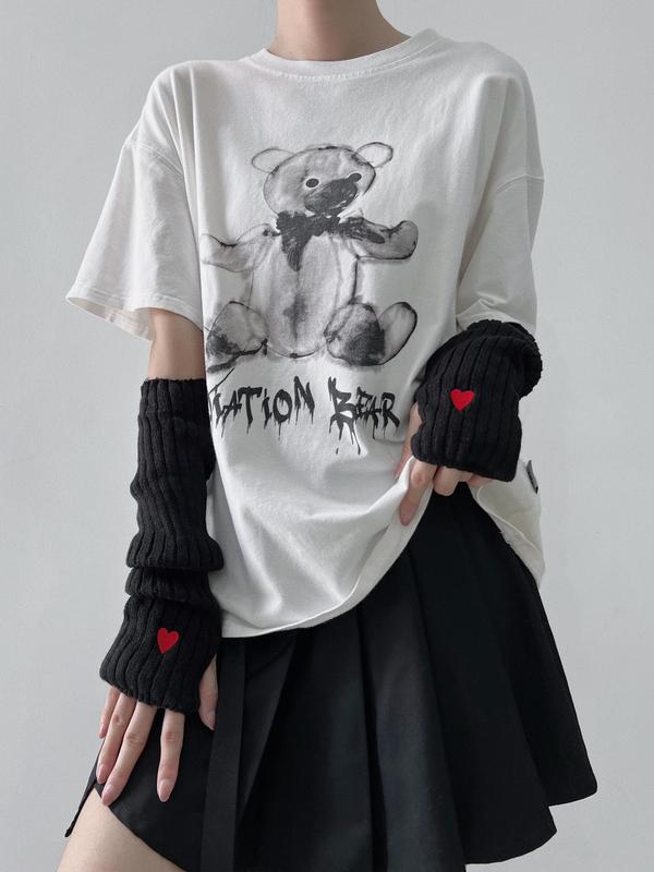 1 Pair Women's Cute Heart Embroidery Arm Sleeves for Gift, 2024 New Fashionable Knitted Gloves for Daily Use, Y2k Casual Trendy Gloves for Women & Girls