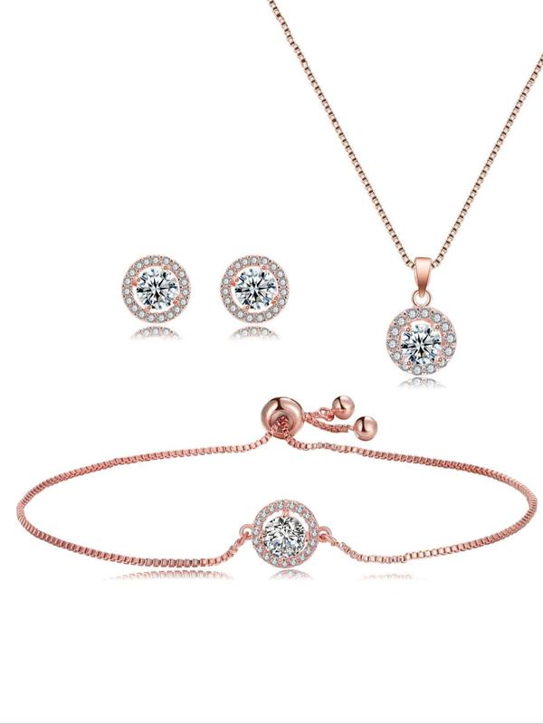 4pcs set Women's Elegant Rhinestone Decorated Pendant Necklace & Stud Earrings & Bracelet, Exquisite Trendy Jewelry, Fashion Jewelry Set for Party Decoration As Gift for Women Without Box