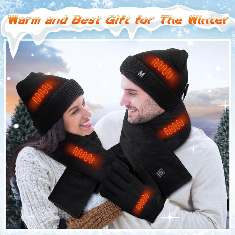 3 count USB Heated Hat Scarf Gloves Set Heated Gloves for Men Women Black Heated Beanie Winter Heating Scarf Touchscreen Gloves for Outdoor Sports Cycling Skiing Camping Winter Gift