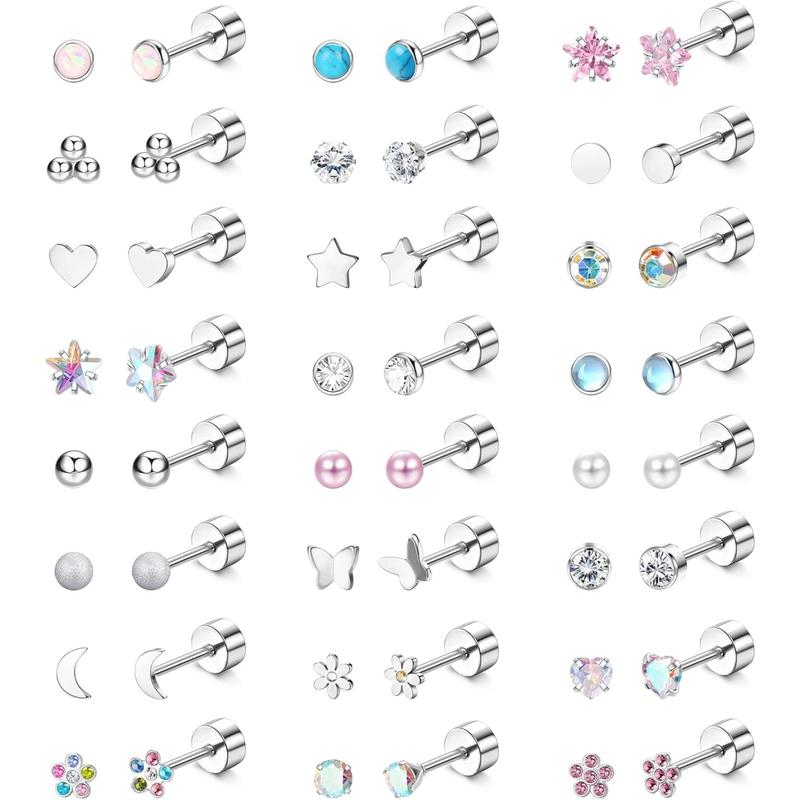 LOYALLOOK 24Pairs Screw Back Earrings Stud for Women Surgical Steel Hypoallergenic Cartilage Stud Earrings Tiny Opal CZ Screwback Flat Back Stud Earrings Set Piercing Jewelry Multicolored 20G